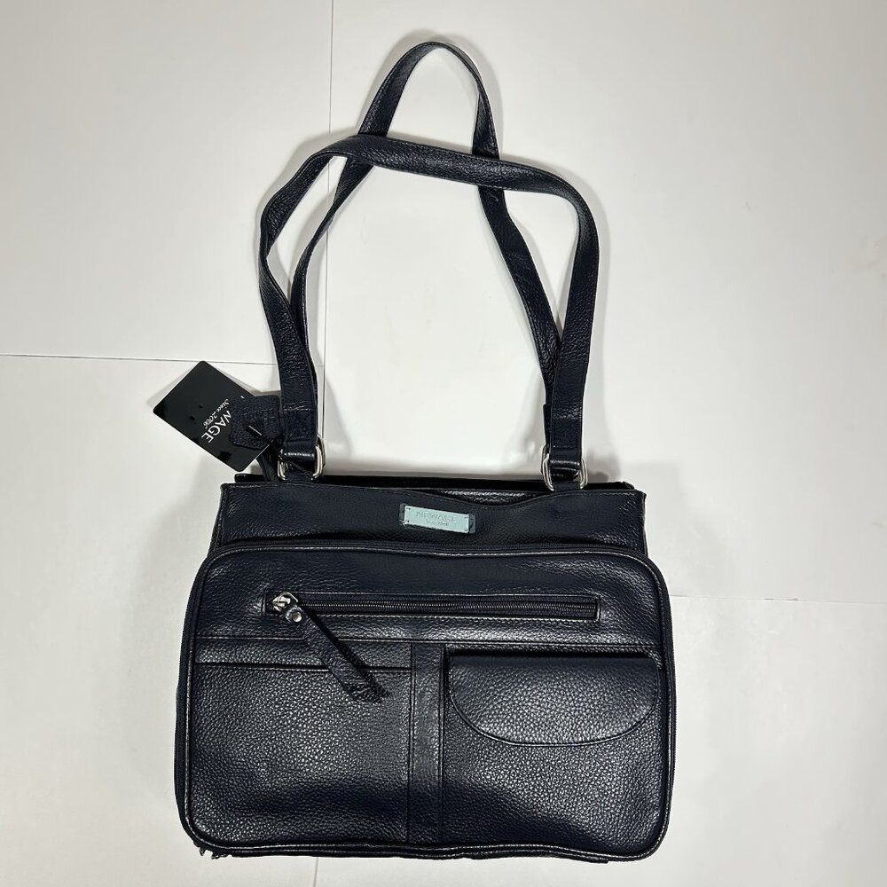 NWT Newage 2006 Shoulder Bag Front Zip Pockets 100% Genuine Leather Navy Blue